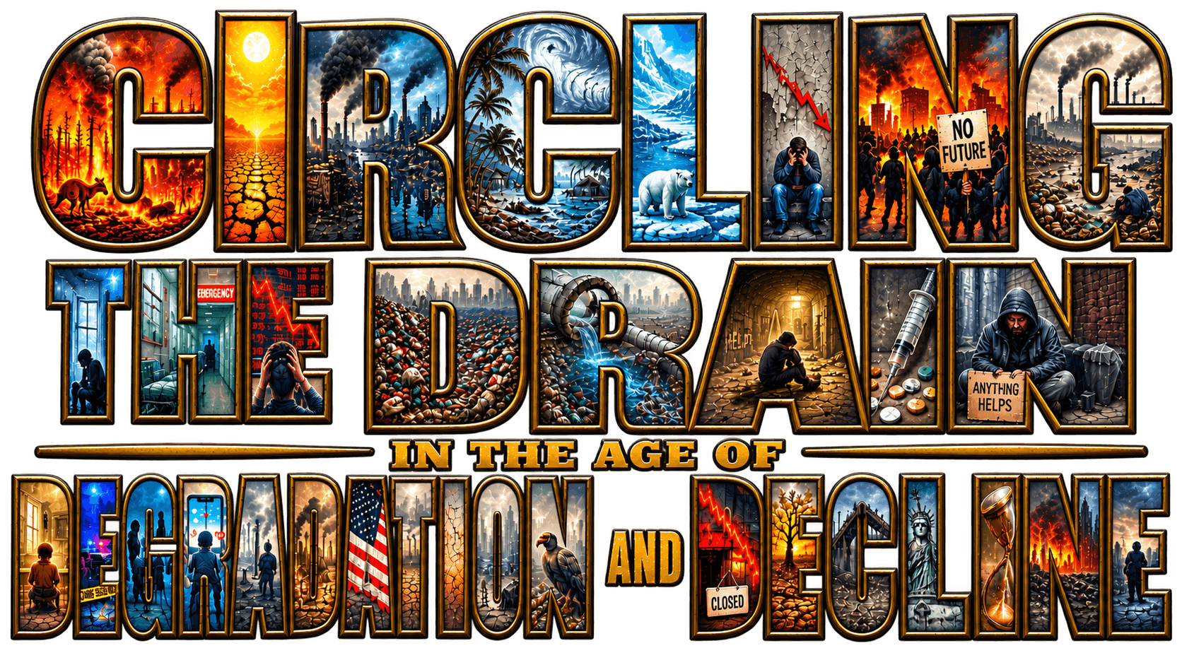 Circling the Drain in the Age of Degradation and Decline text graphic with apocalyptic scenarios in each over sized letter.